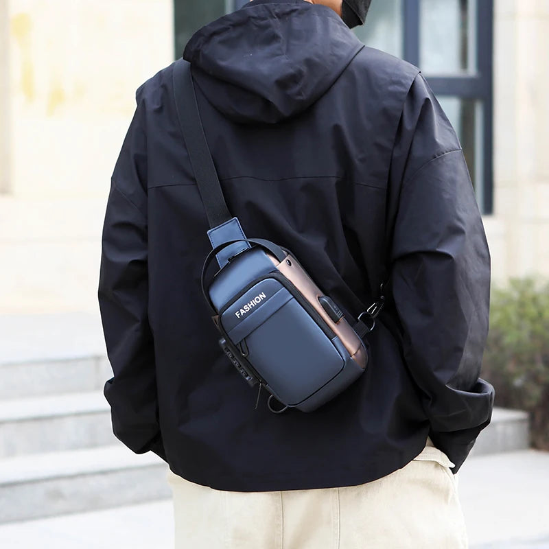 A person wearing a sleek navy blue anti-theft crossbody chest bag featuring a built-in USB charging port.