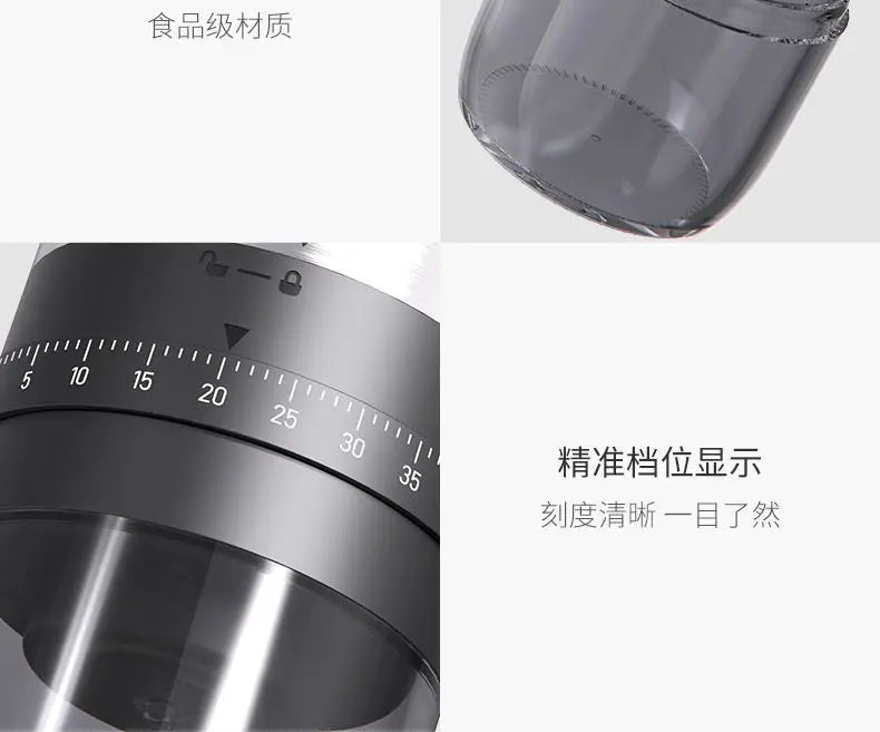 Manual coffee grinder with food-grade dark grey container and a precise, easy-to-read numbered grind setting dial.