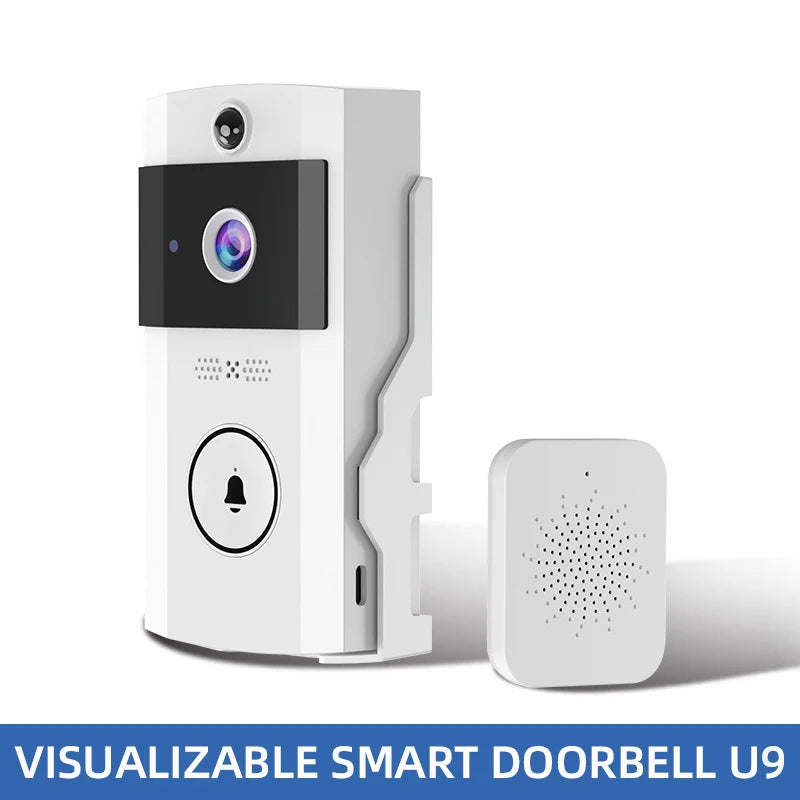 White wireless video doorbell featuring a camera lens, bell button, and a separate matching indoor chime unit.
