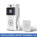 White wireless video doorbell featuring a camera lens, bell button, and a separate matching indoor chime unit.