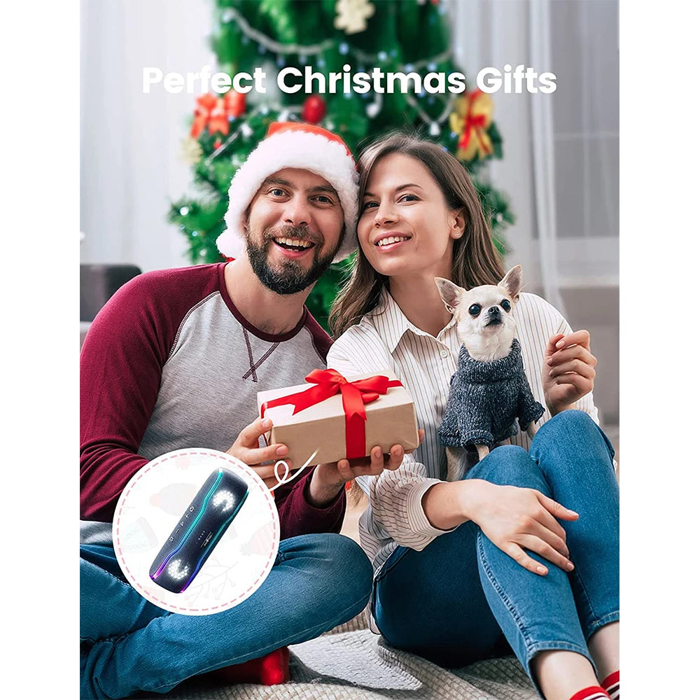 A couple with a dog hold a gift, with an inset showing a portable black waterproof Bluetooth speaker with LED lights.