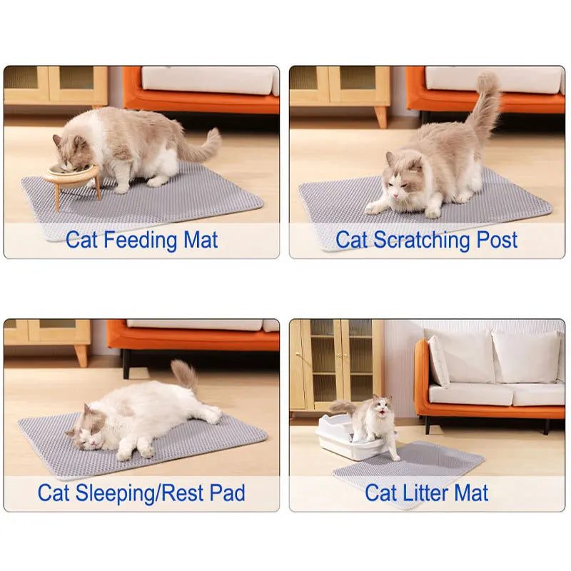 A grey, double-layered waterproof cat mat shown being used as a feeding, scratching, sleeping, and litter trapping mat.
