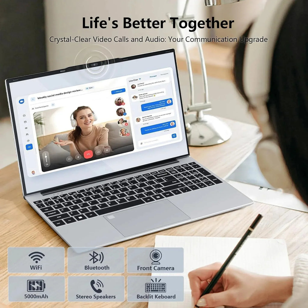 Silver 15.6-inch laptop with a slim bezel, backlit keyboard, and integrated webcam for clear video calling.