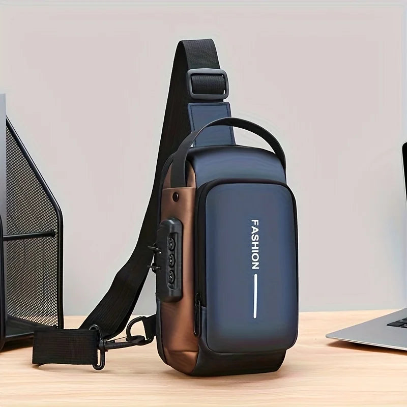 Blue and brown anti-theft sling bag with a secure combination lock, top handle, and adjustable shoulder strap.