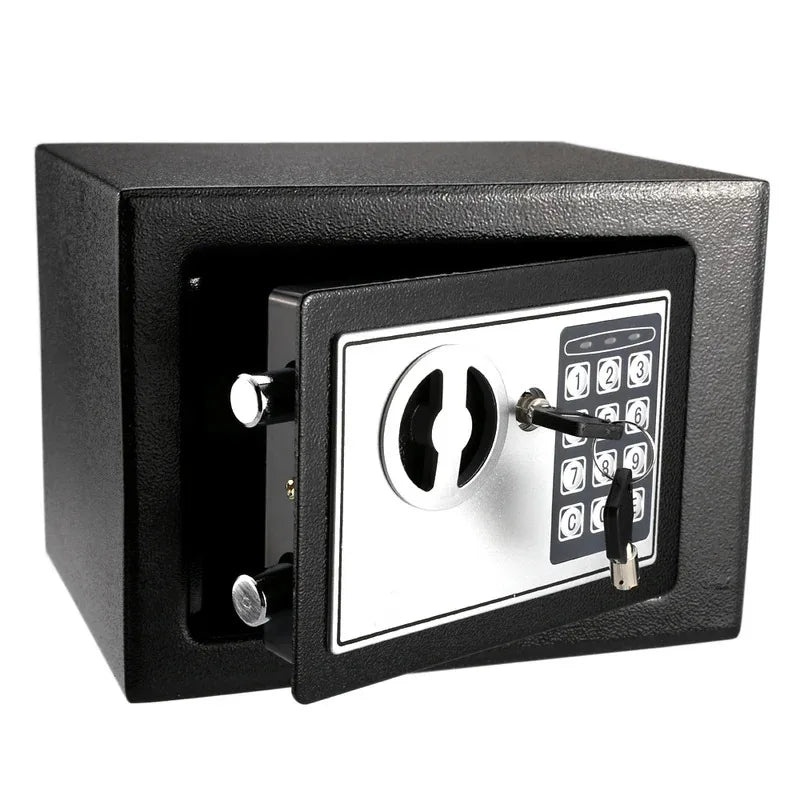 Black metal security safe with an open door, a digital keypad, and a mechanical key lock mechanism.