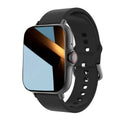 Black smartwatch with a square touchscreen, silicone strap, and side digital crown button.