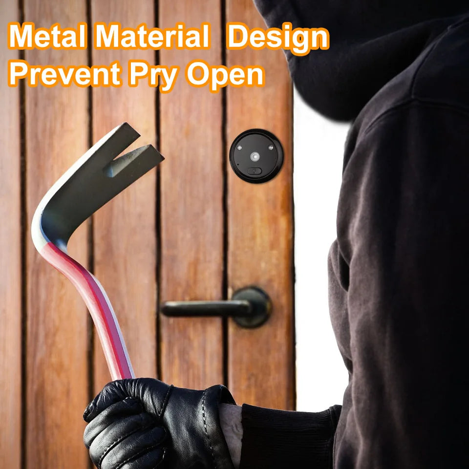 Black metal digital door peephole camera installed on a wooden door, designed for enhanced security.