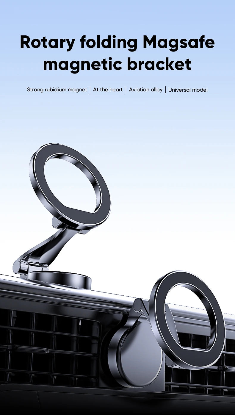 Black foldable magnetic phone mount for car air vents, made of metallic alloy with a sleek, adjustable design.