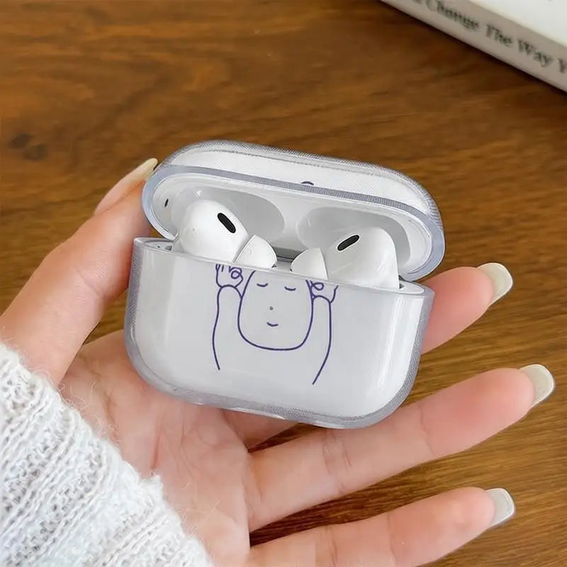 Clear protective case for AirPods Pro with a cute character line-art design, held in a hand.