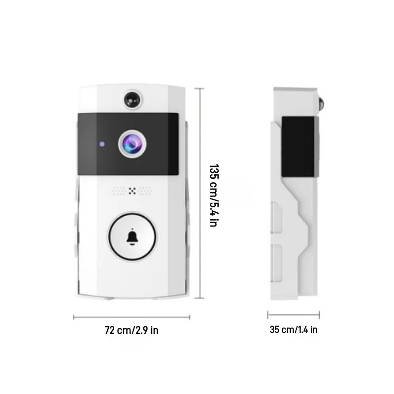 White solar smart video doorbell with protective rain cover, showing front and side dimensions in a technical diagram.