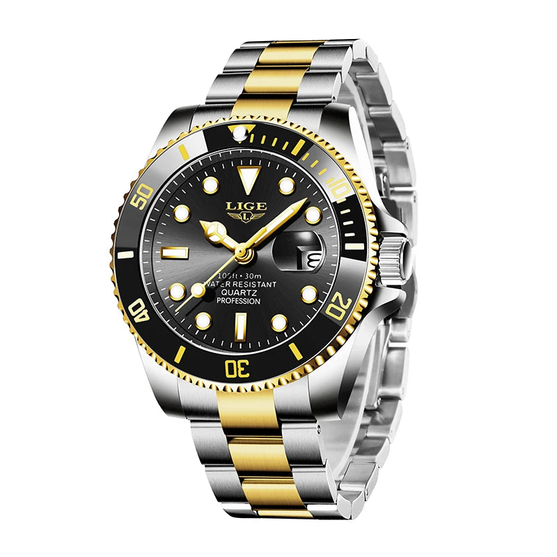 Men’s quartz wristwatch featuring a two-tone silver and gold stainless steel bracelet and a black rotating bezel.