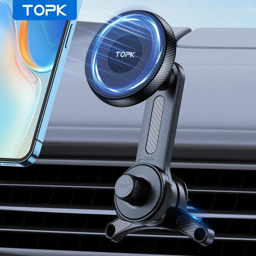 Black magnetic car phone mount with a 360-degree rotating arm, carbon fiber pattern, attached to a vehicle vent.