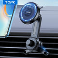 Black magnetic car phone mount with a 360-degree rotating arm, carbon fiber pattern, attached to a vehicle vent.