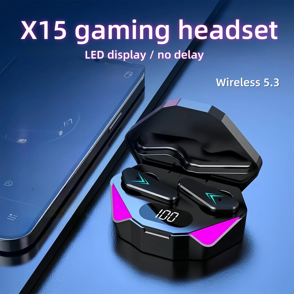 Black wireless gaming earbuds in a charging case with a digital LED battery display and vibrant pink light accents.