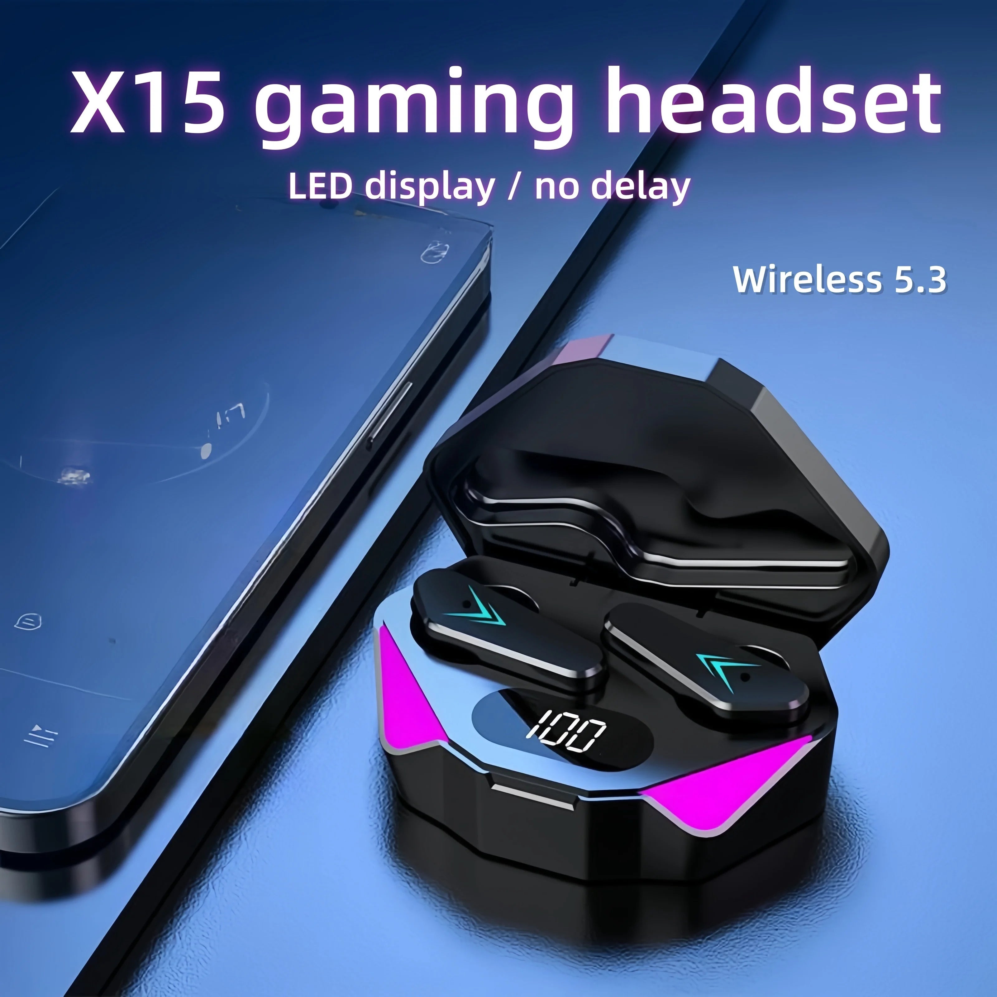Black wireless gaming earbuds in a charging case with a digital LED battery display and vibrant pink light accents.