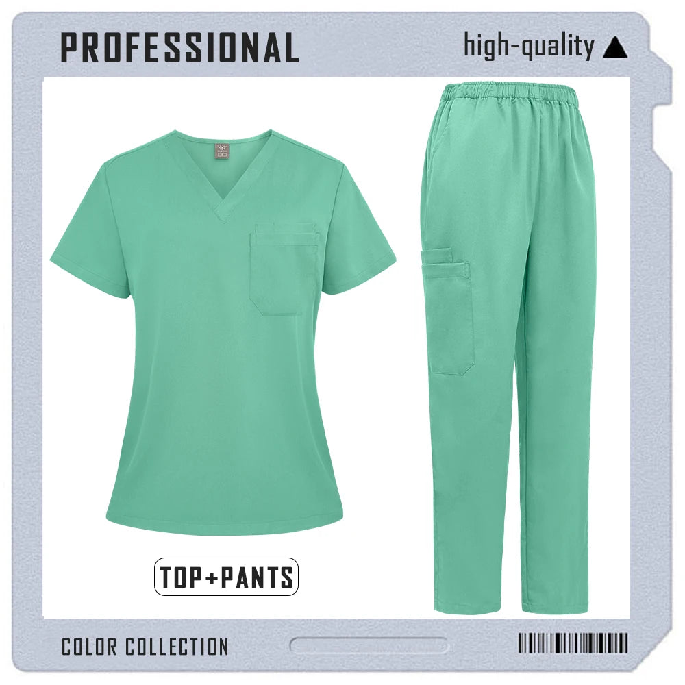 Mint green unisex medical scrub set with a V-neck top, chest pocket, and elasticated trousers with side pockets.