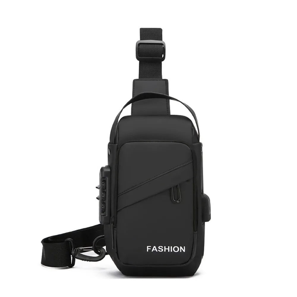 Black anti-theft crossbody chest bag with adjustable strap, zipped front pocket, and integrated USB charging port.