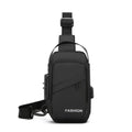 Black anti-theft crossbody chest bag with adjustable strap, zipped front pocket, and integrated USB charging port.