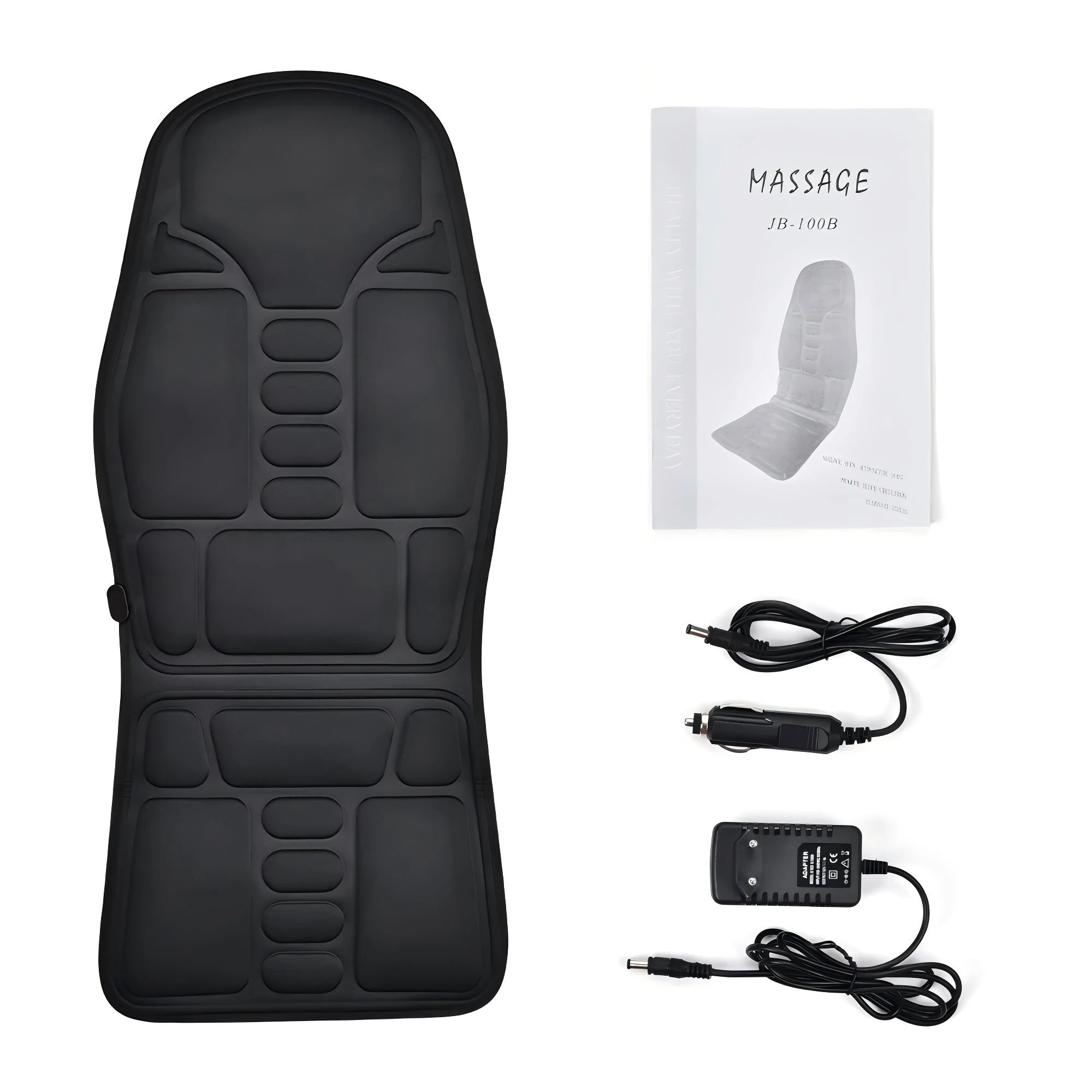 Black multifunctional heated massage seat cushion with car and mains power adapters and user manual.