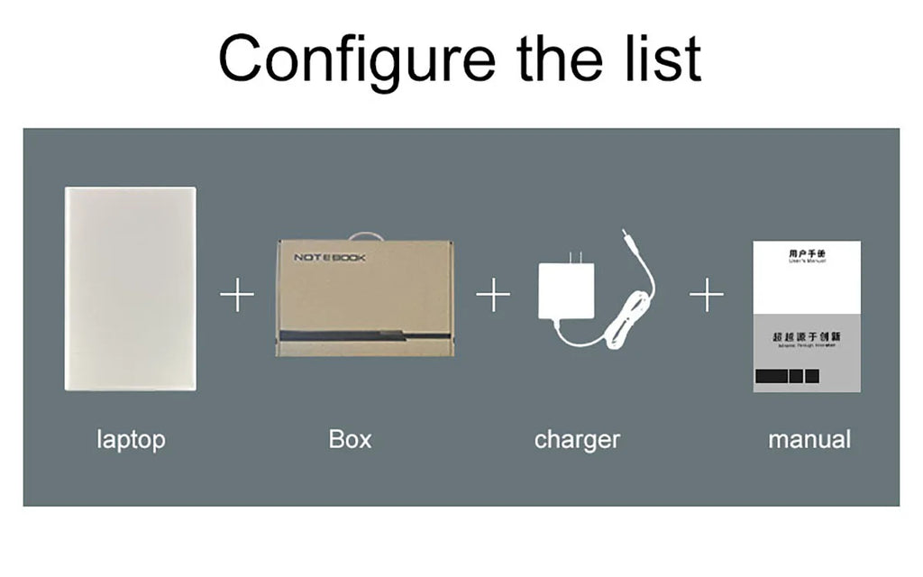 Laptop package contents: silver 15.6" laptop, presentation box, power charger and user manual.