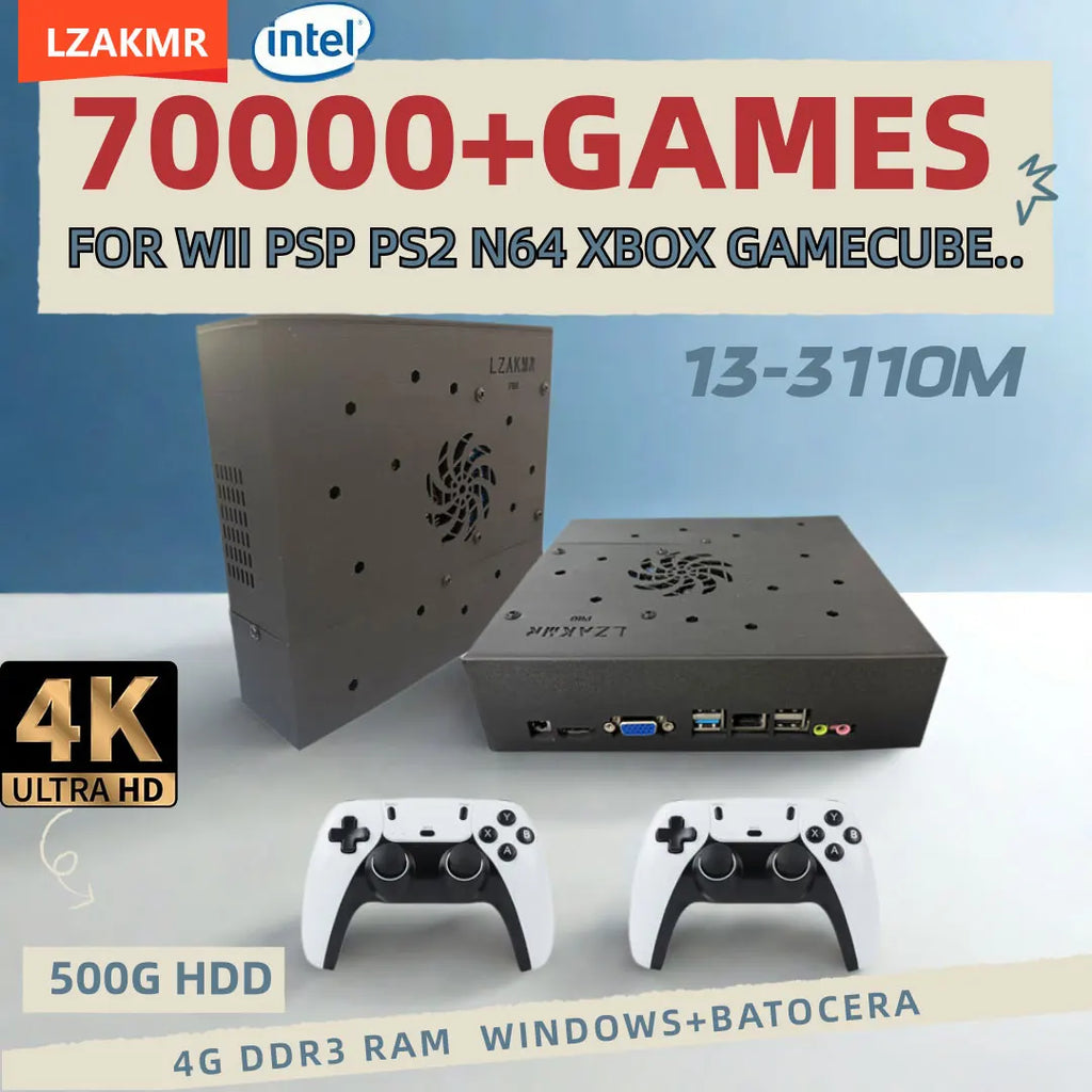 Black X8 Pro game console with perforated casing and two white controllers with black grips.