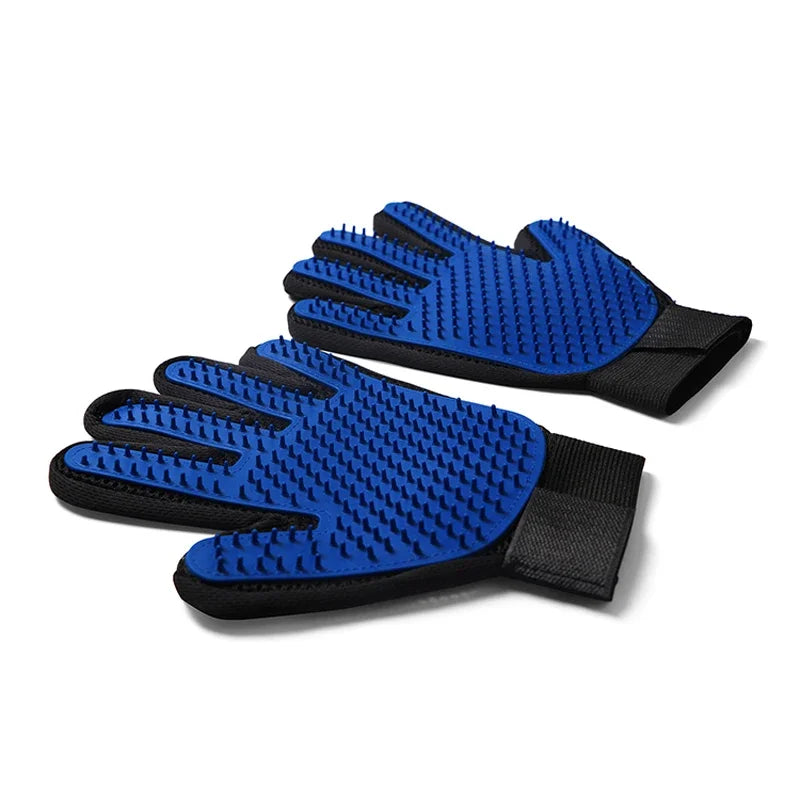 Pair of blue pet grooming gloves with rubber tips for de-shedding, featuring black velcro wrist straps.