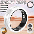 Sleek white smart fitness ring with health tracking features, charging cable, and compact charging case.
