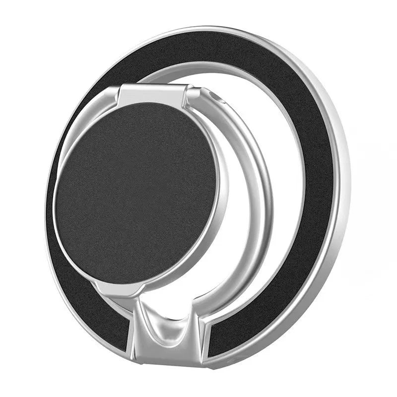 Round, black and silver phone ring holder with a sleek, foldable metal design.