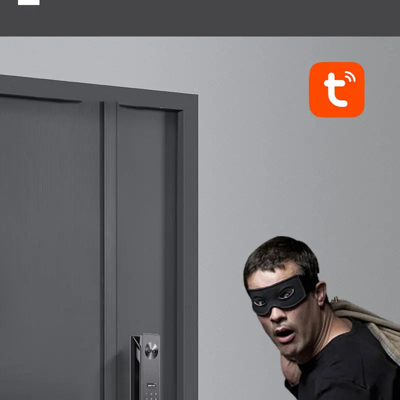 Grey metallic smart lock installed on a dark grey door with a digital keypad and fingerprint reader.