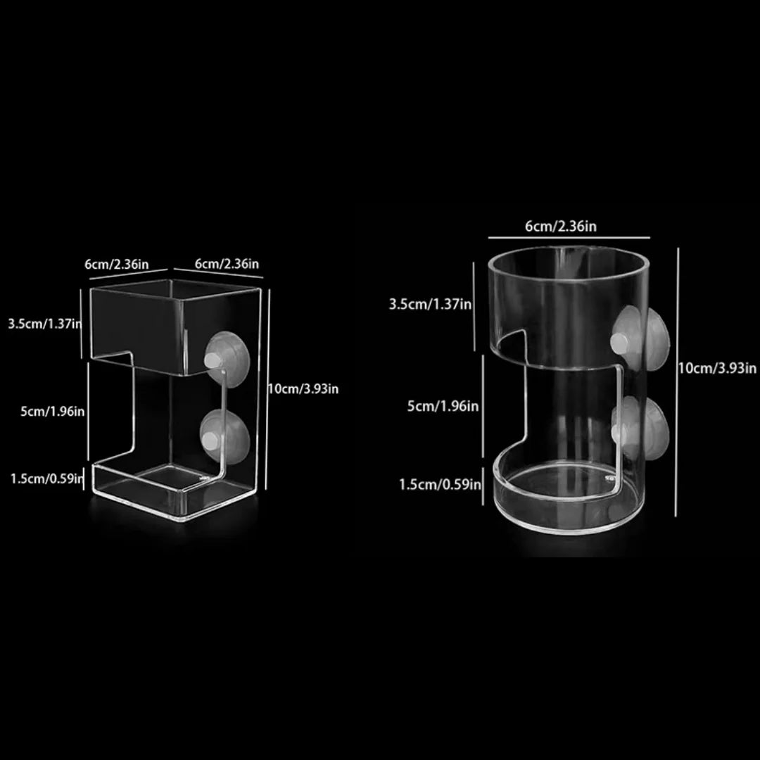 Two clear acrylic wall-mounted bathroom organizers with suction cups and detailed dimensional measurements.