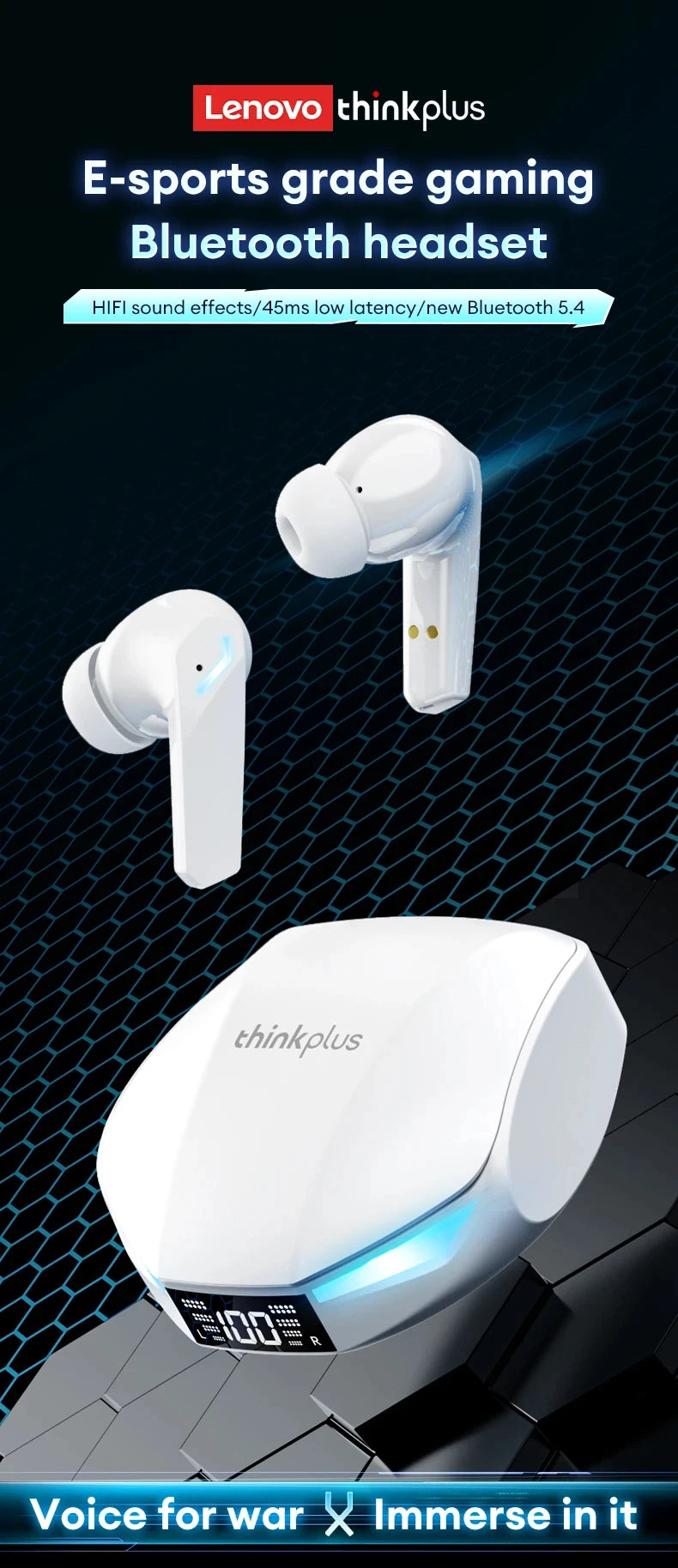 White wireless gaming earbuds with a futuristic charging case featuring a digital battery display and blue light accents.
