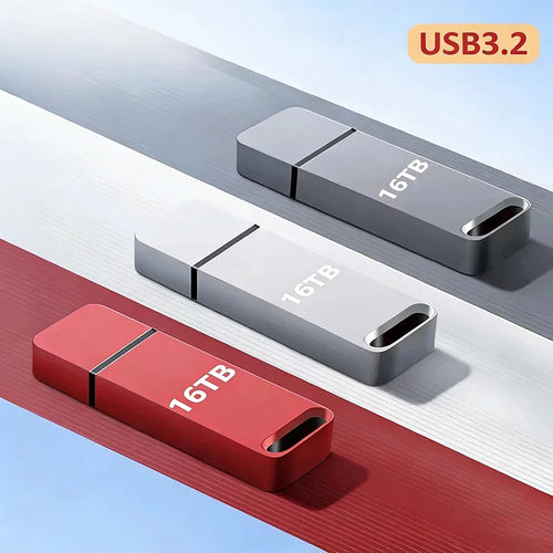 Three sleek 16TB USB 3.2 flash drives in red, silver, and dark grey, featuring a minimalist metal design.