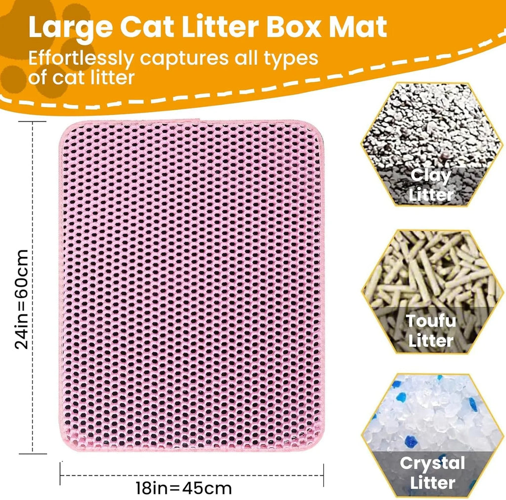 Large pink, double-layer, waterproof cat litter mat, 60x45cm, designed to capture various types of litter.