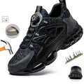 Black, breathable mesh steel toe work trainer with a rotary dial lacing system, chunky sole, and puncture-proof base.