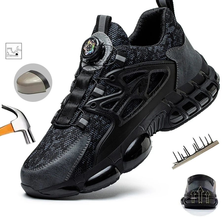 Black, breathable mesh steel toe work trainer with a rotary dial lacing system, chunky sole, and puncture-proof base.
