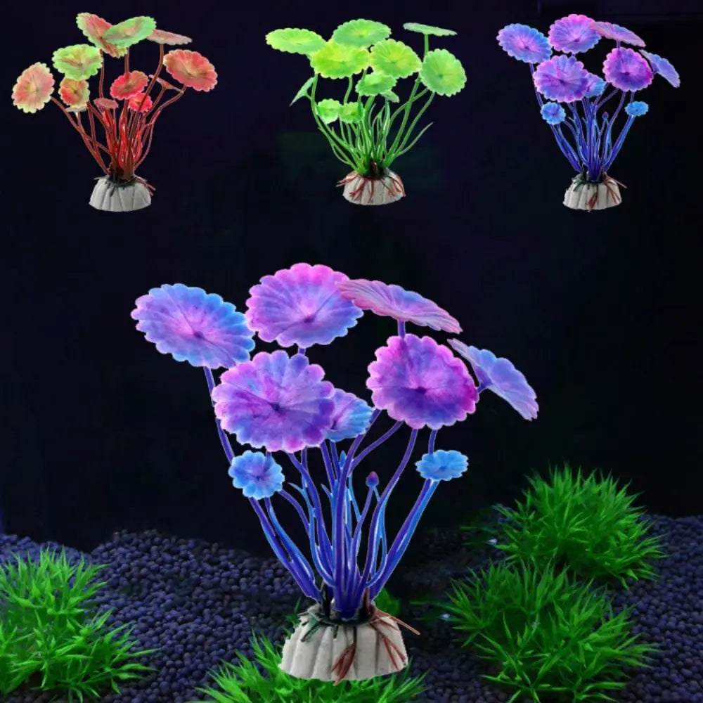Artificial aquarium plants with round, scalloped leaves in red-green, bright green, and purple on weighted bases.