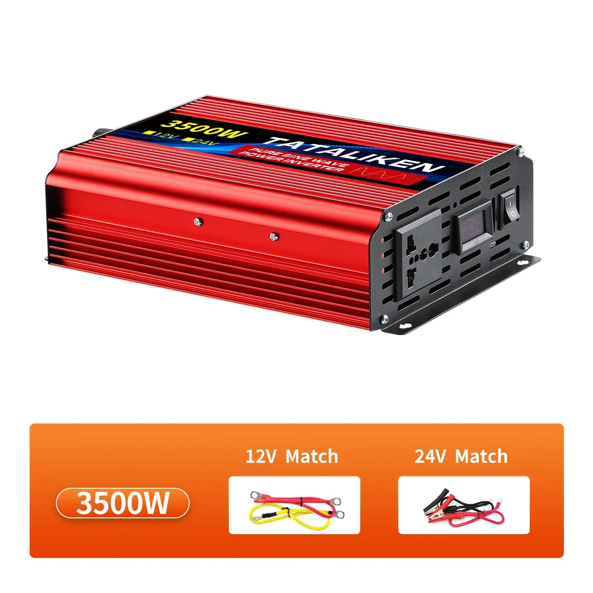 Red 3500W pure sine wave power inverter with a digital display, power socket, and included 12V/24V battery cables.