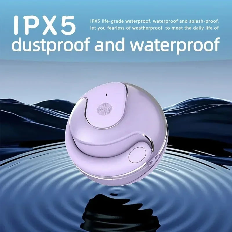 A round, light purple, portable speaker with a sleek, minimalist design, floating above a water ripple background.