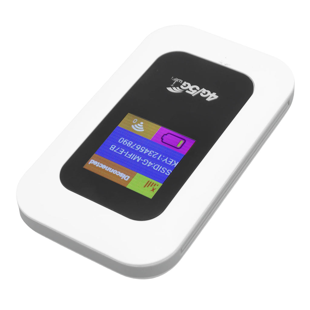 White portable 4G WiFi hotspot device with a black centre panel and a digital screen showing connectivity status.