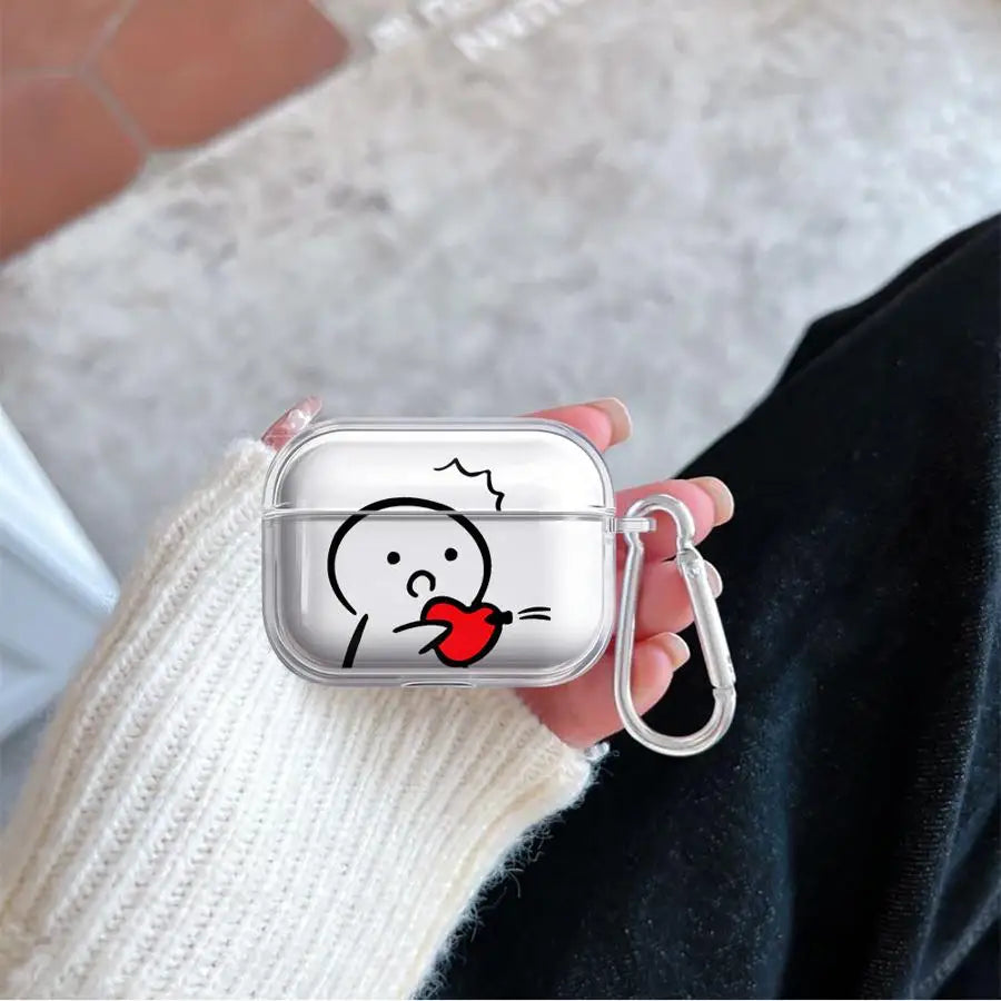 Clear AirPod Pro case with a cute heart-blowing character print, complete with a handy silver carabiner clip.