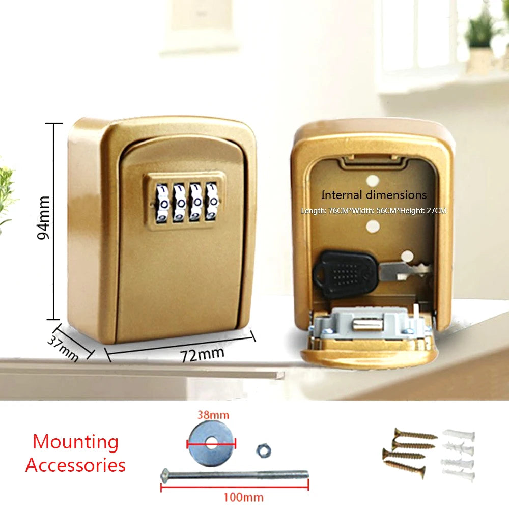 Gold wall-mounted key lock box with a 4-digit combination dial, internal key storage, and included mounting hardware.