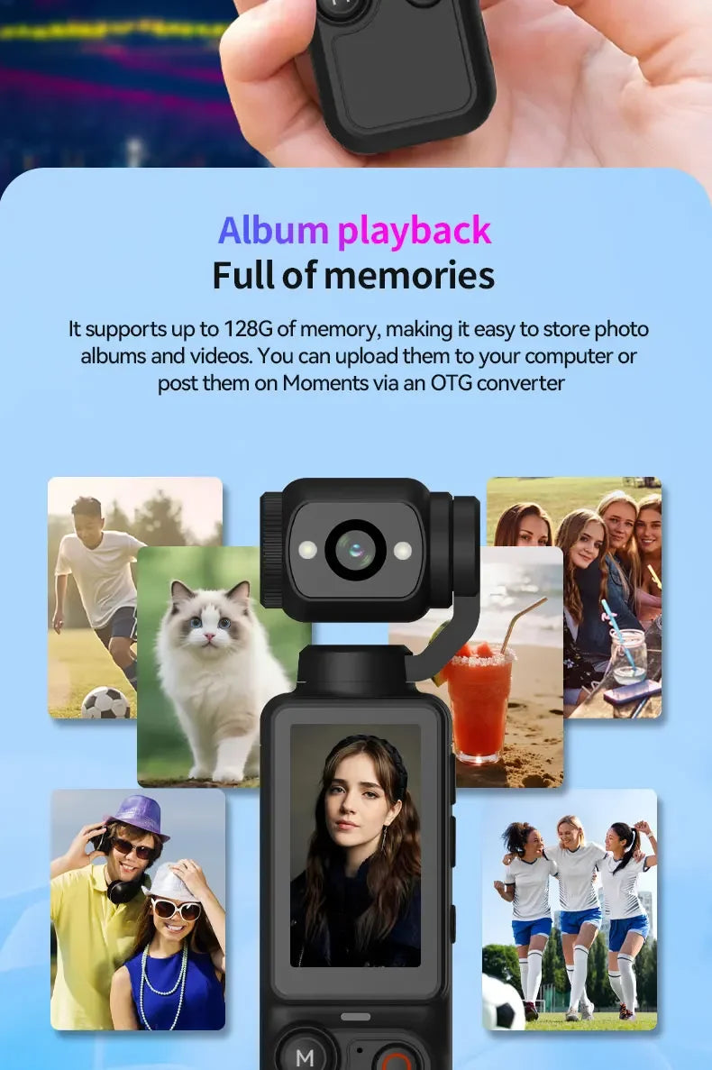 Black handheld mini camera with a gimbal-mounted lens and a vertical touchscreen display.