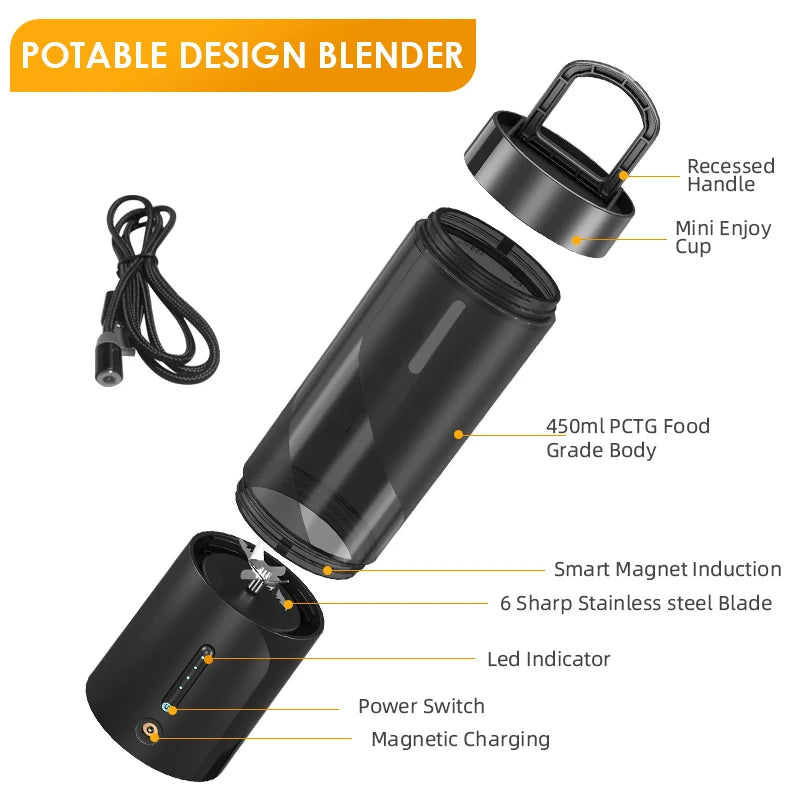 Portable black personal blender with a 450ml cup, stainless steel blades, LED indicator, and magnetic charging cable.