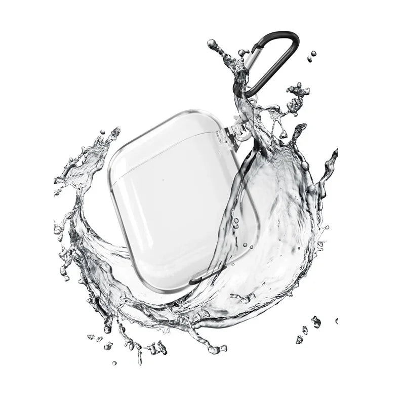Clear, transparent protective case for AirPods with a black carabiner clip, surrounded by a water splash effect.