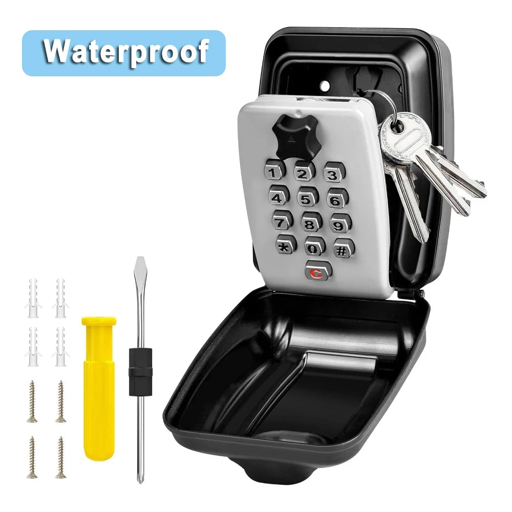 Black metal waterproof wall-mounted key lock box with grey digital keypad, keys, mounting screws, and a screwdriver.