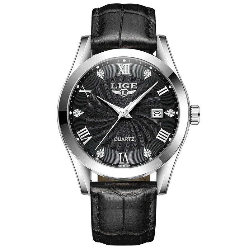 Elegant women’s quartz watch with a black textured dial, Roman numerals, crystal accents and black leather strap.