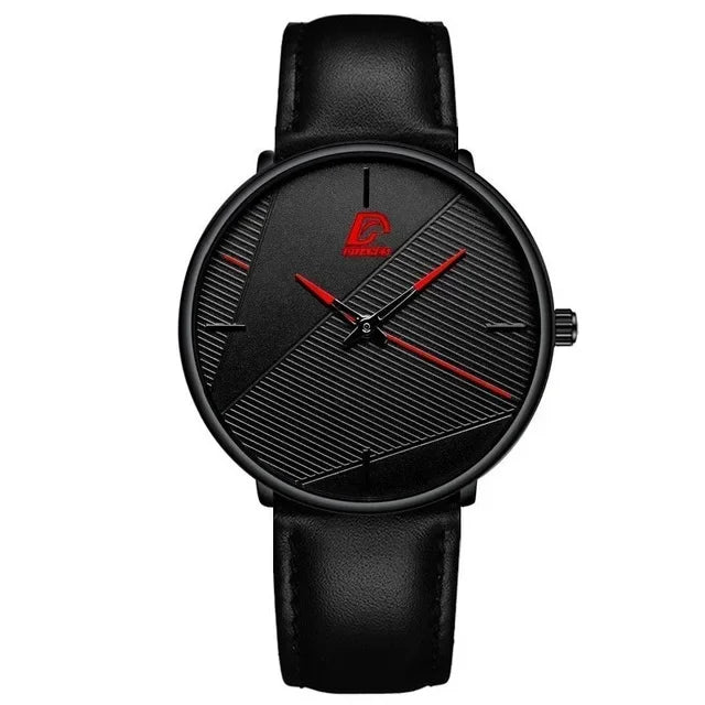 Minimalist men's ultra-thin quartz watch with a black leather strap, black dial, and red accent details.