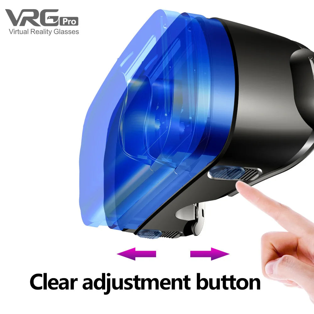 Black VR headset with a translucent blue front cover, showing a finger pressing the clear adjustment button.