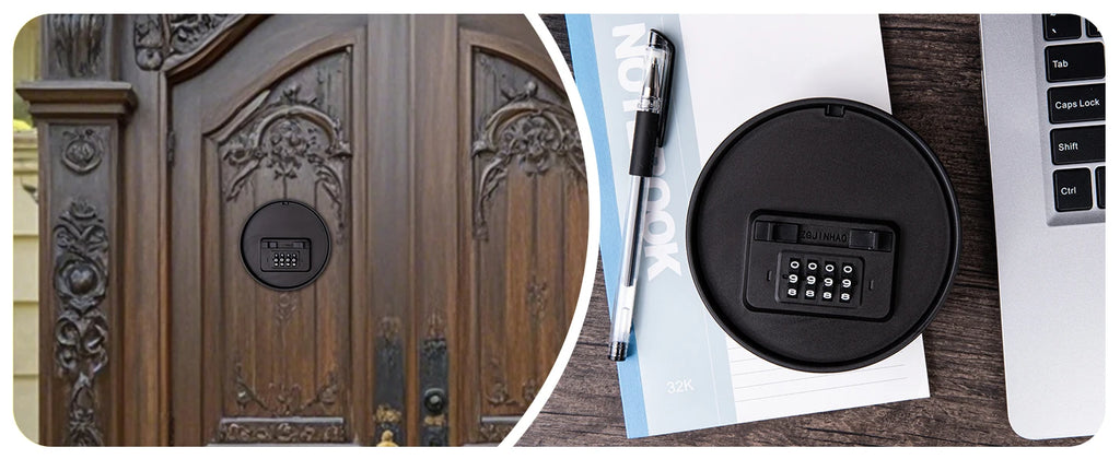 Black circular metal key lock box with a four-digit combination dial, mounted on a wooden door and shown on a desk.