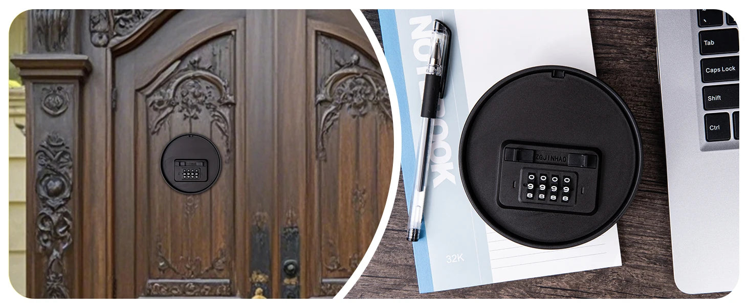 Black circular metal key lock box with a four-digit combination dial, mounted on a wooden door and shown on a desk.